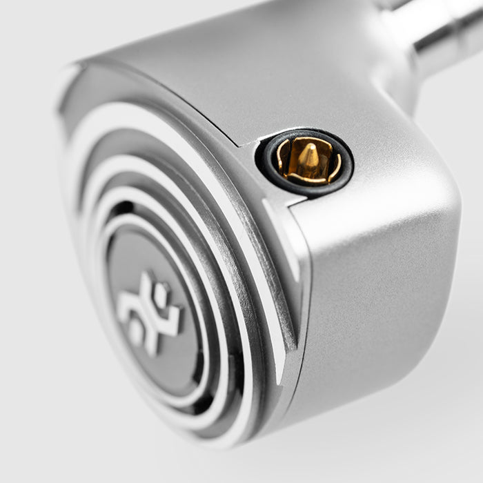 Macro of the Pilgrim's tiered concentric faceplate and recessed Pentaconn Ear connector